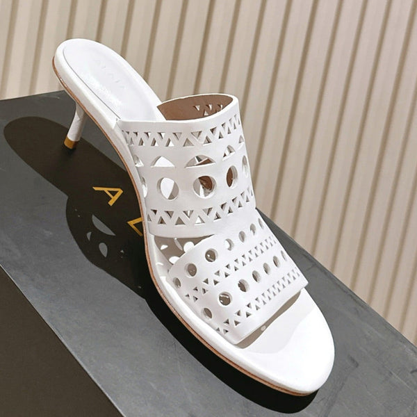 Alaia 2025 Vienne Cutout Kitten-Heel Slide Sandals White Leather 293650