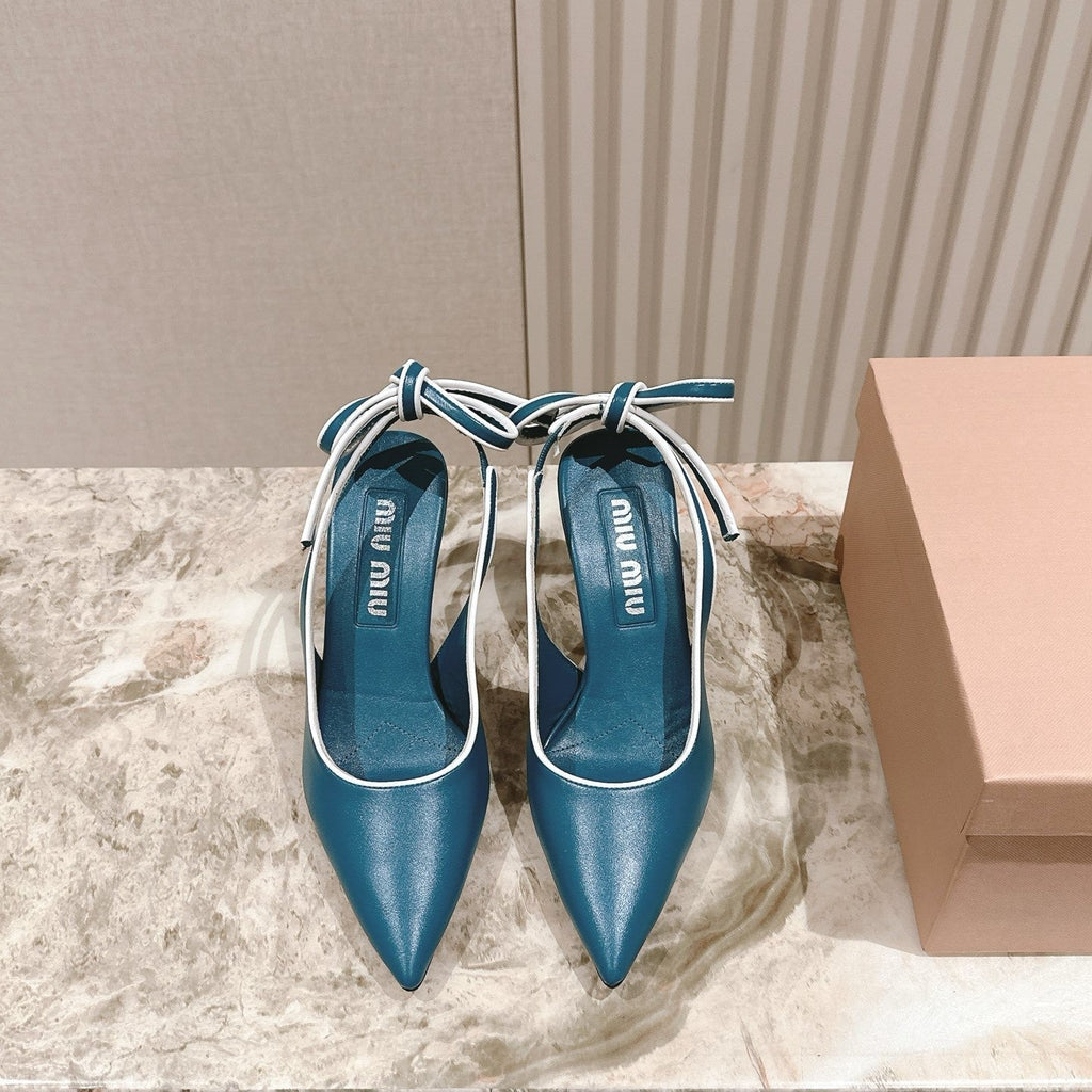 Miu Mordoré Pointed Toe Slingback Pumps 85mm Blue-teal Cowhide Sheepskin 445787