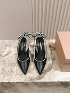 Miu Mordoré Pointed Toe Slingback Pumps 85mm Black Cowhide Sheepskin 445788