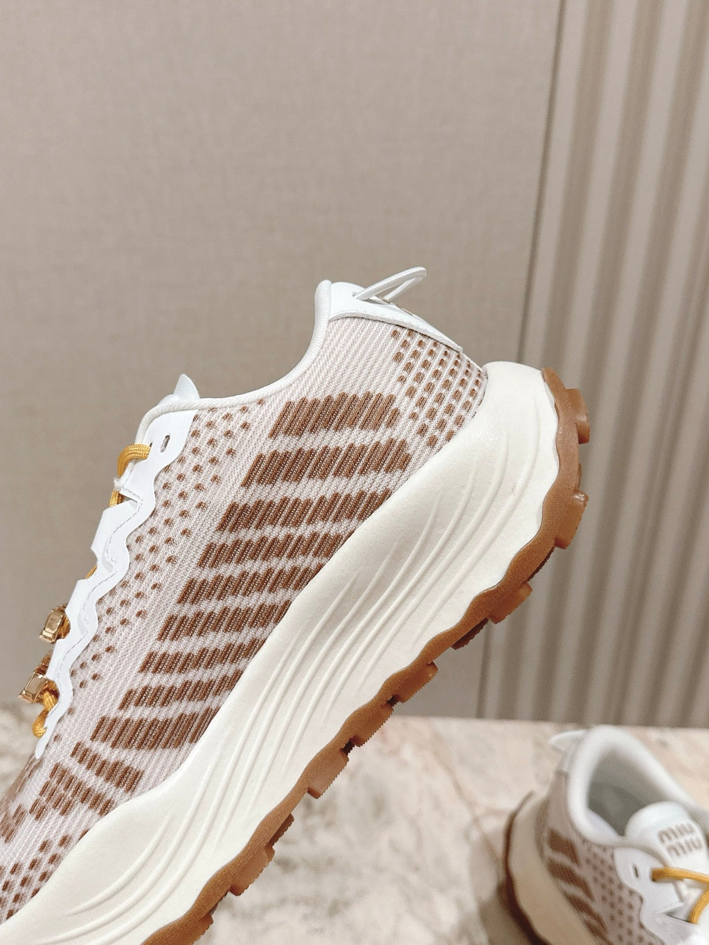 Miu Technical Sneakers White Light Brown Cowhide Fabric 445810