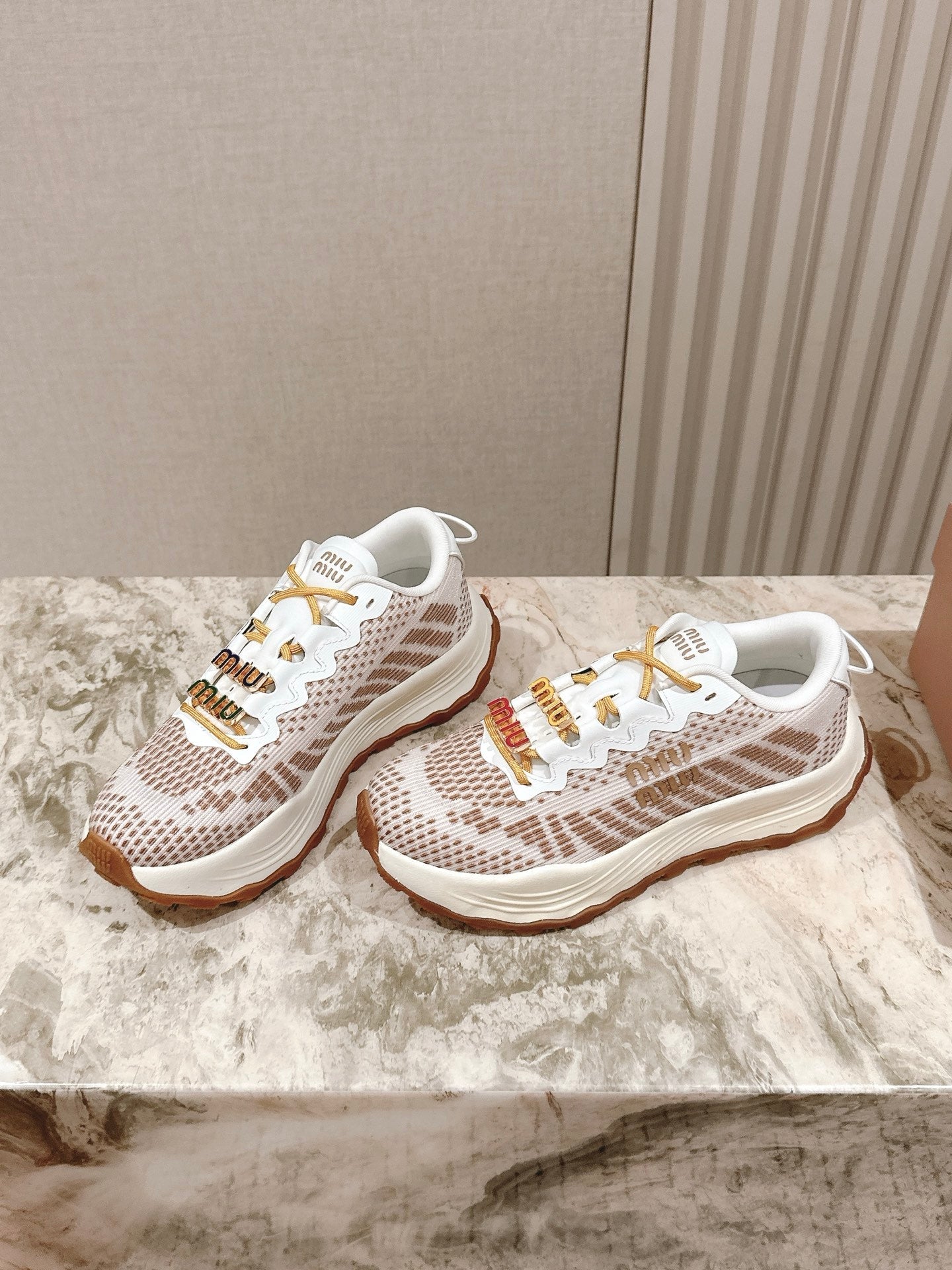 Miu Technical Sneakers White Light Brown Cowhide Fabric 445810