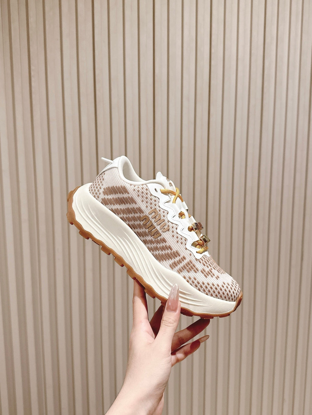 Miu Technical Sneakers White Light Brown Cowhide Fabric 445810