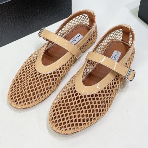 Alaia 25 Laminated Fishnet Ballet Flats Fawn Lambskin 621833
