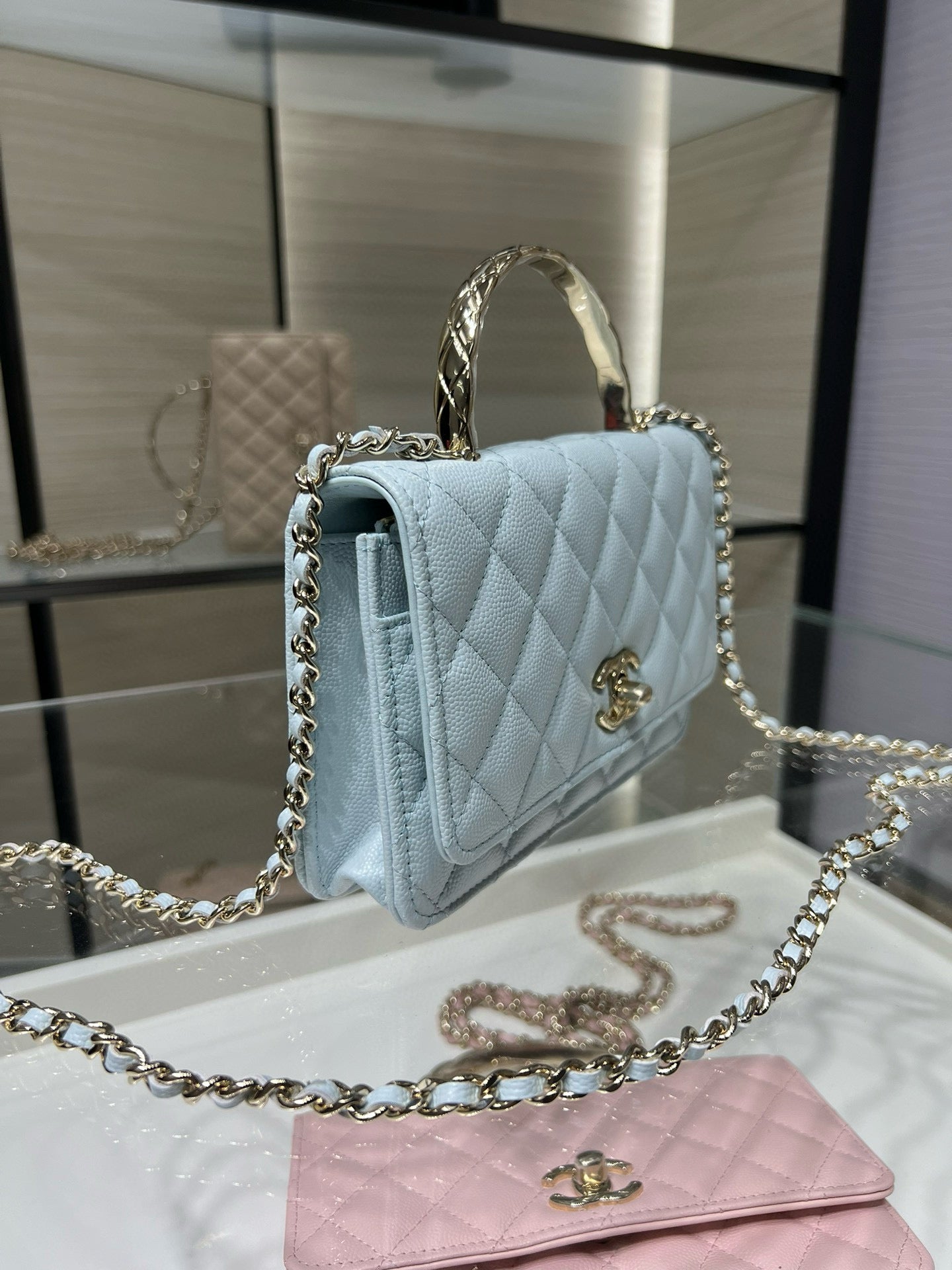 cc 25S Woc Top Handle 19cm Cloud Blue Grained Calfskin Light Gold Hardware