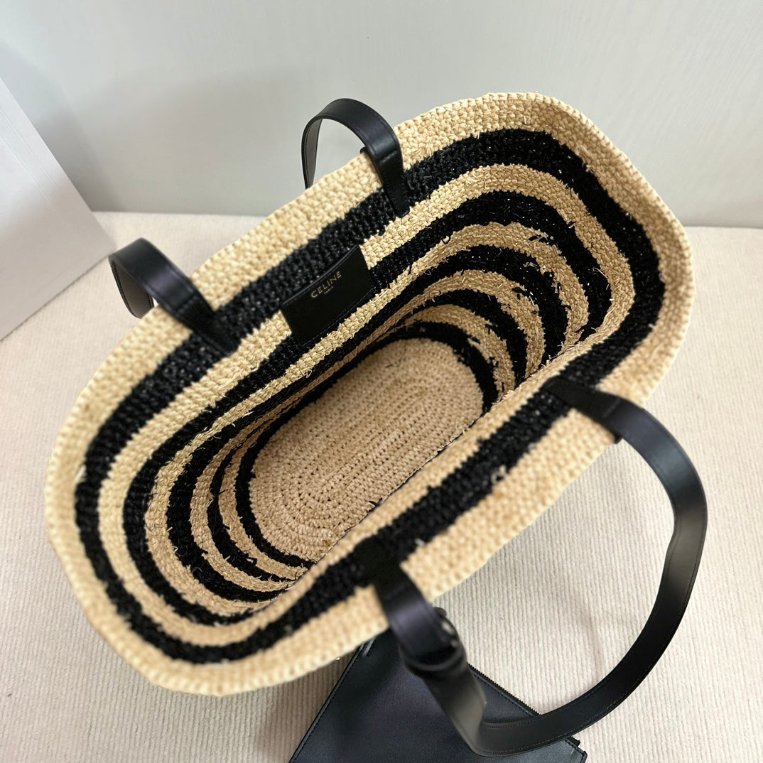 Celine Medium Supple Classic Panier 30cm Black Calfskin Beige Raffia