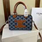 SMALL BOSTON 19 IN SPACE BLUE TRIOMPHE DENIM AND BROWN CALFSKIN TRIM