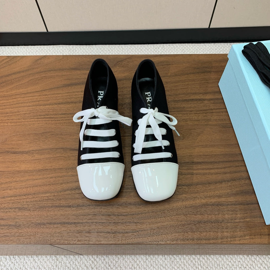 Prada 25s Mary Jane Shoes 55mm Black Satin White Patent Leather