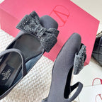 VT 25 Bow Diamond Marry Jane Flat Black Silk
