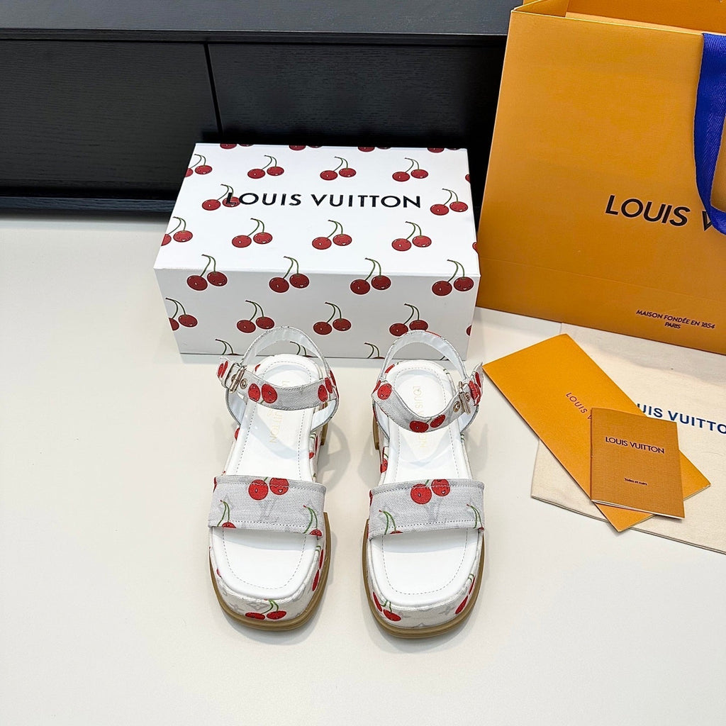 LV Maya Platform Sandals Cherry Motif 6cm White Cowhide Denim 572494