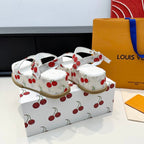 LV Maya Platform Sandals Cherry Motif 6cm White Cowhide Denim 572494