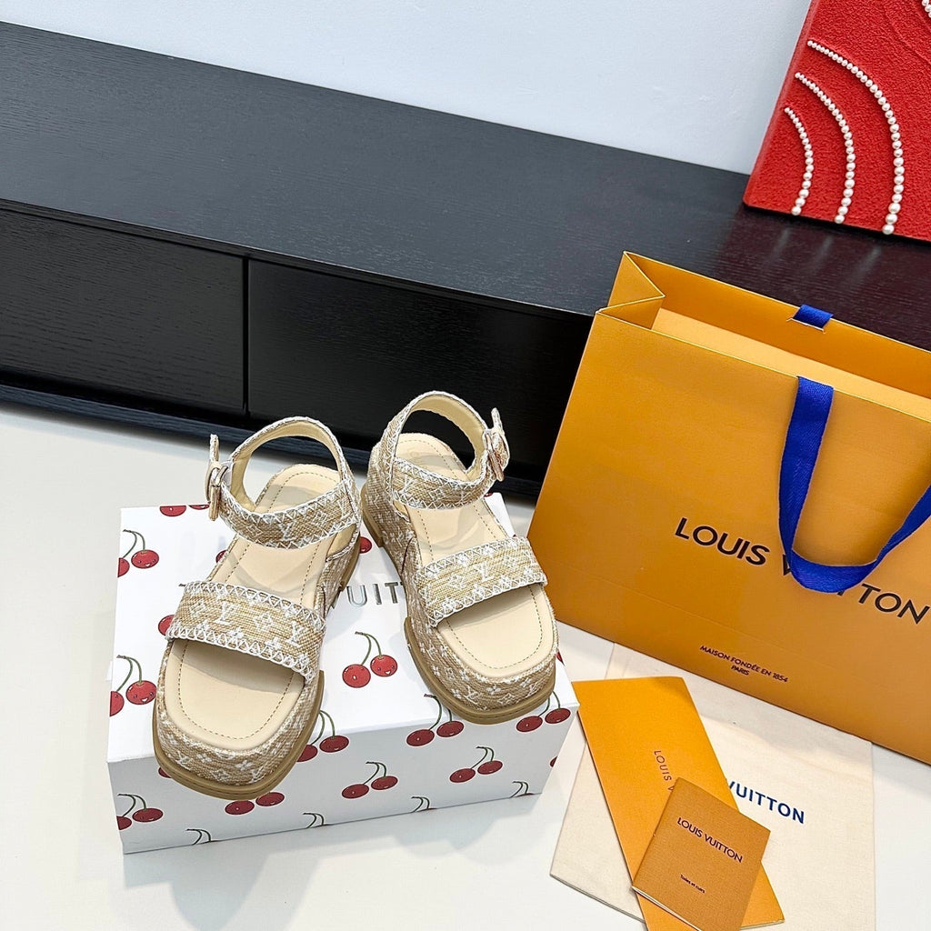 LV Maya Platform Sandals 6cm Beige Cowhide Denim 572498