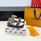 LV Maya Platform Sandals 6cm Blue Denim Beige Cowhide 572500