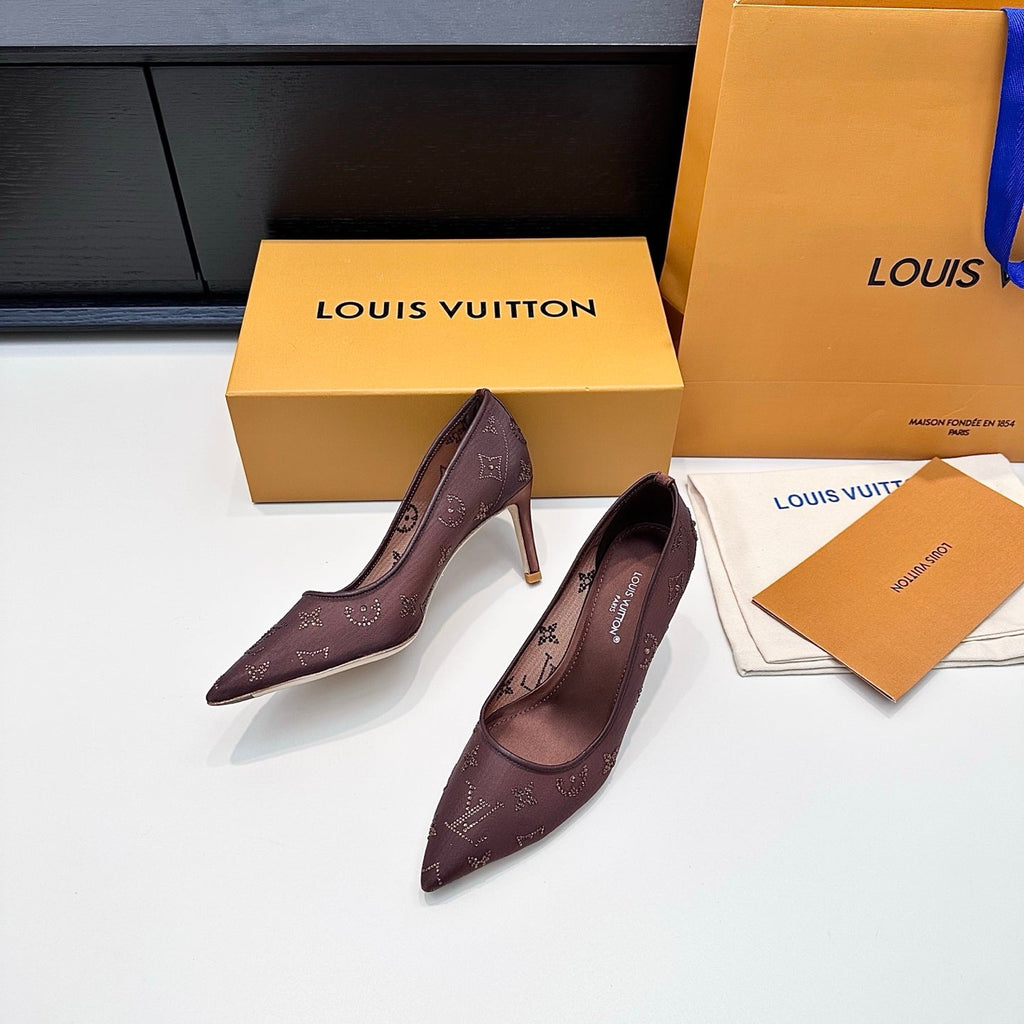 LV GALA High Heels Series Shoes 75mm Dark Rose Taupe Mesh 542215