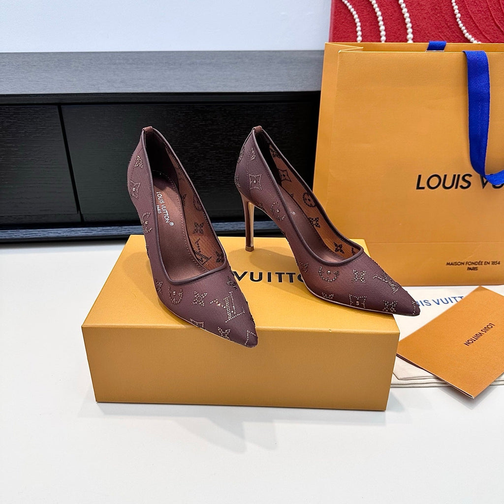 LV GALA High Heels Series Shoes 95mm Dark Rose Taupe Mesh 542214