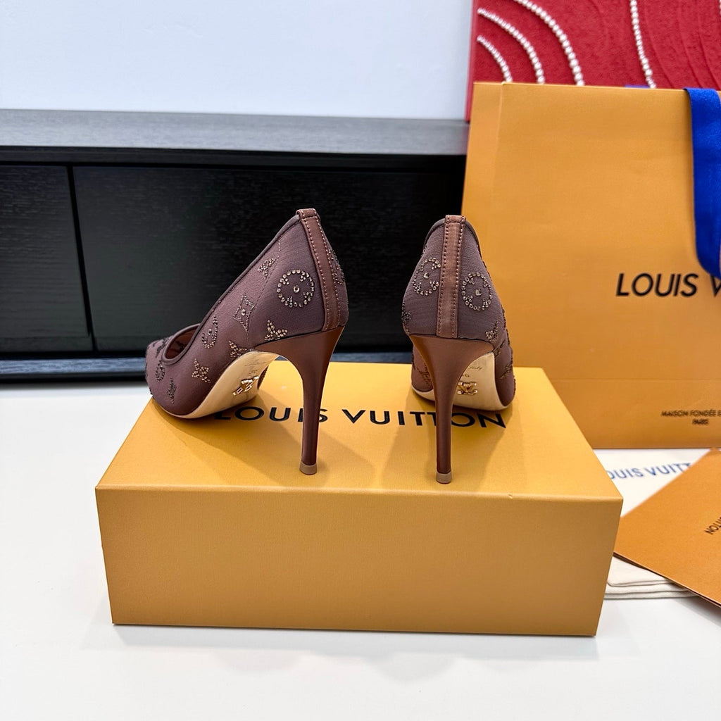 LV GALA High Heels Series Shoes 95mm Dark Rose Taupe Mesh 542214