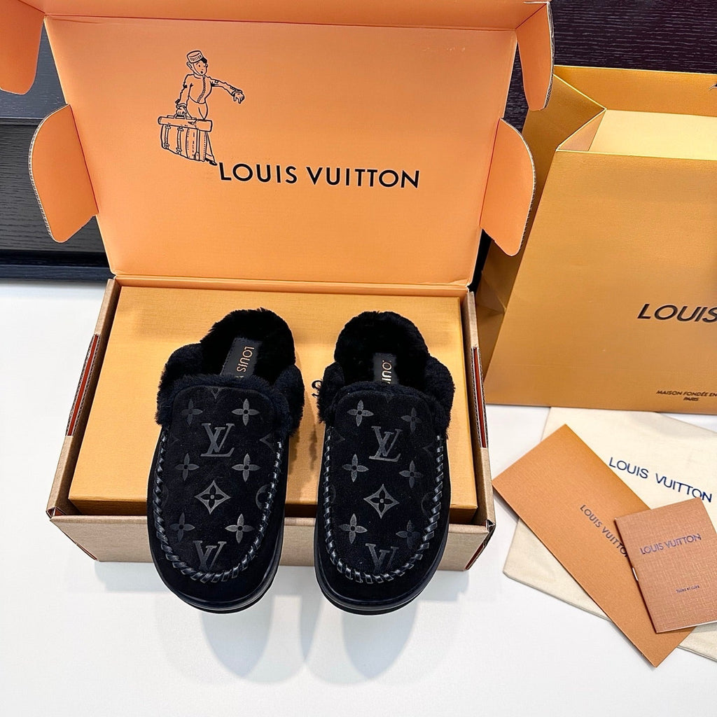 LV Ski Colorado Closed Mule Black Suede Wool 542228