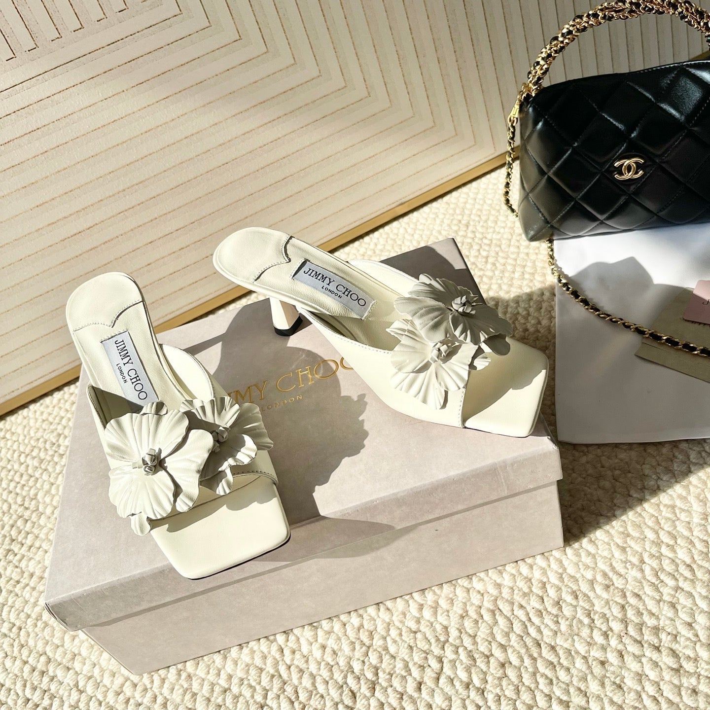 Jimmy Choo Skye Corsage Sandals White Sheepskin 669840