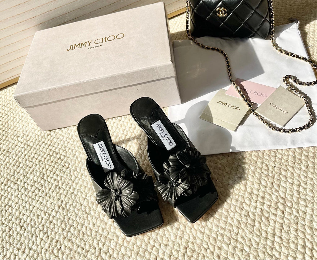Jimmy Choo Skye Corsage Sandals Black Sheepskin 669846