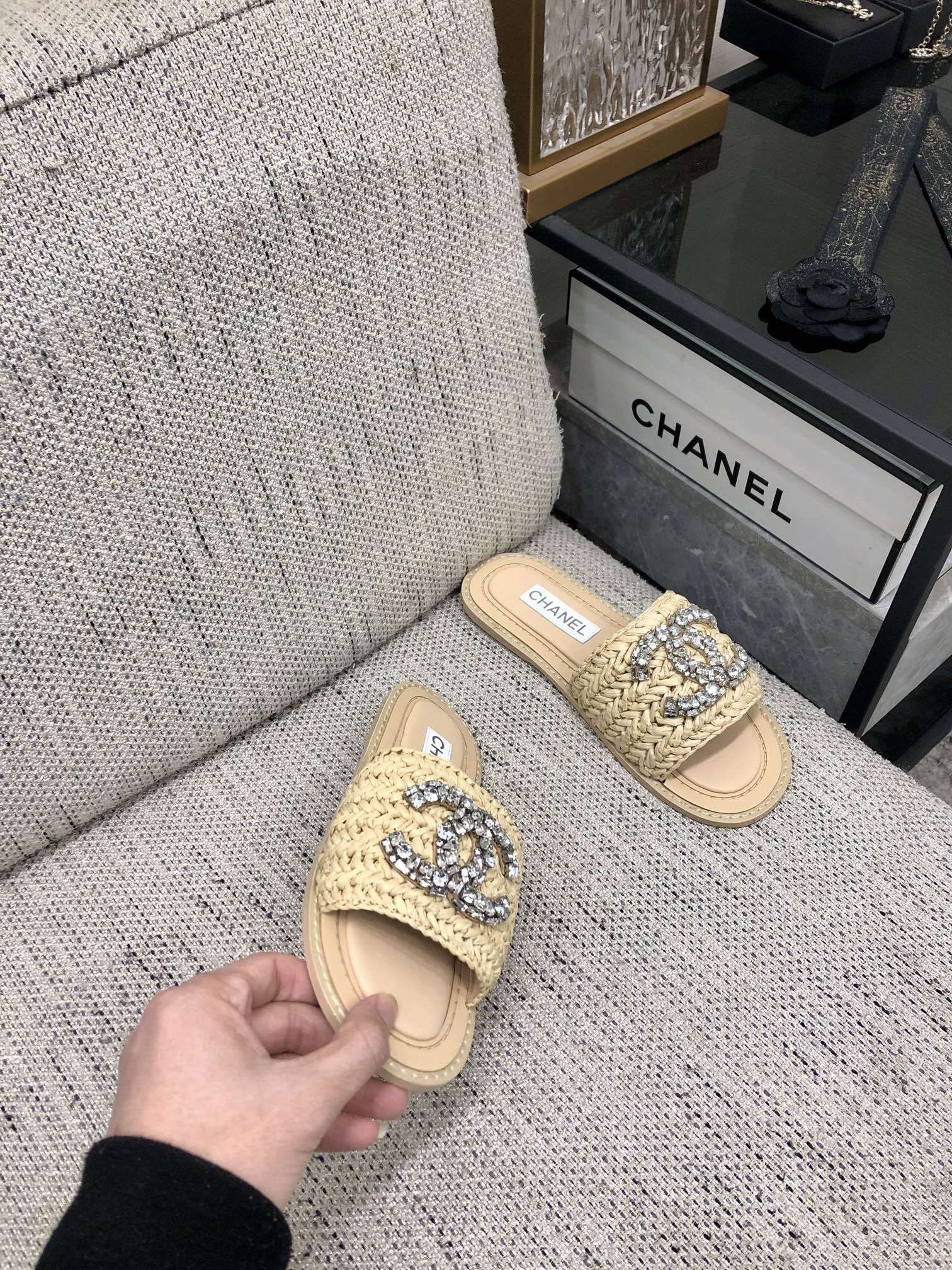CC Flat Slides Beige Braided Raffia Crystal Embellished 688667