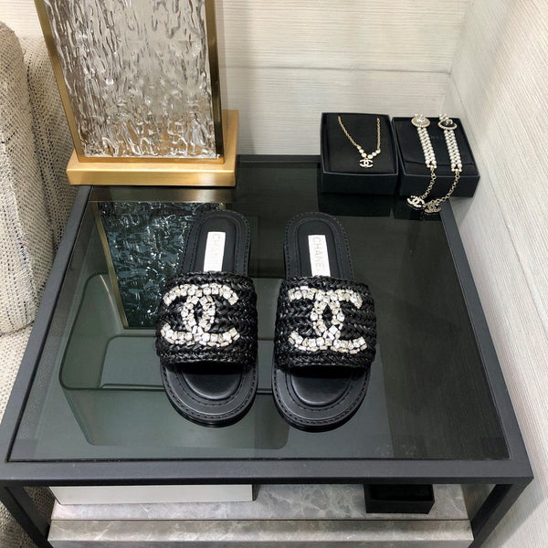 CC Flat Slides Black Braided Raffia Crystal Embellished 688668