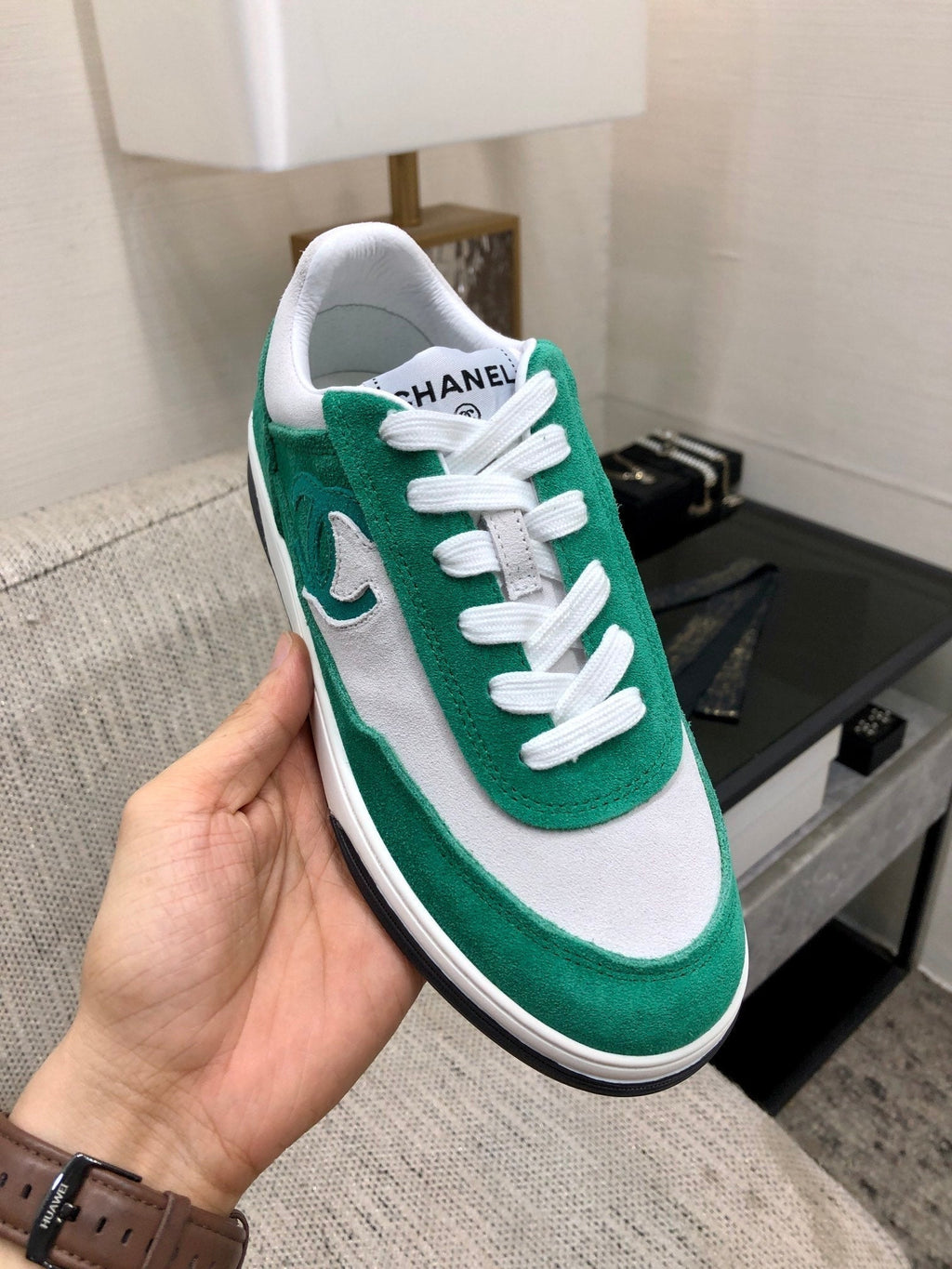 CC Sneaker In Green Mix White Suede