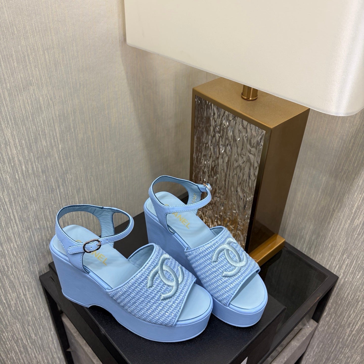 CC 26s Platform Sandal Light Blue Raffia Sheepskin 688694