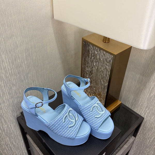 CC 26s Platform Sandal Light Blue Raffia Sheepskin 688694
