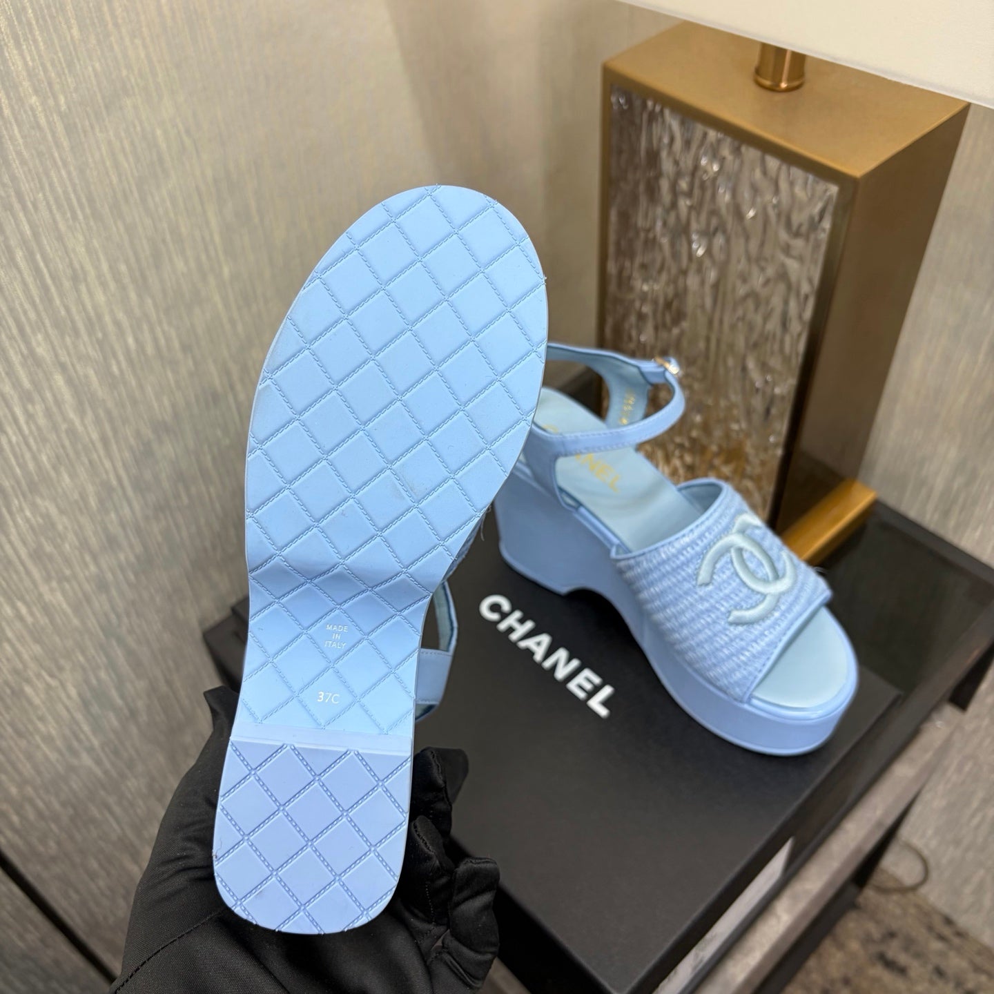 CC 26s Platform Sandal Light Blue Raffia Sheepskin 688694