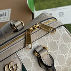 OPHIDIA SMALL TOP HANDLE BAG 26 IN BEIGE WHITE CANVAS AND OAT CALFSKIN TRIM GOLD HARDWARE