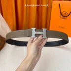 HM Silver Buckle H Belt 38mm Etoupe Calfskin 187184