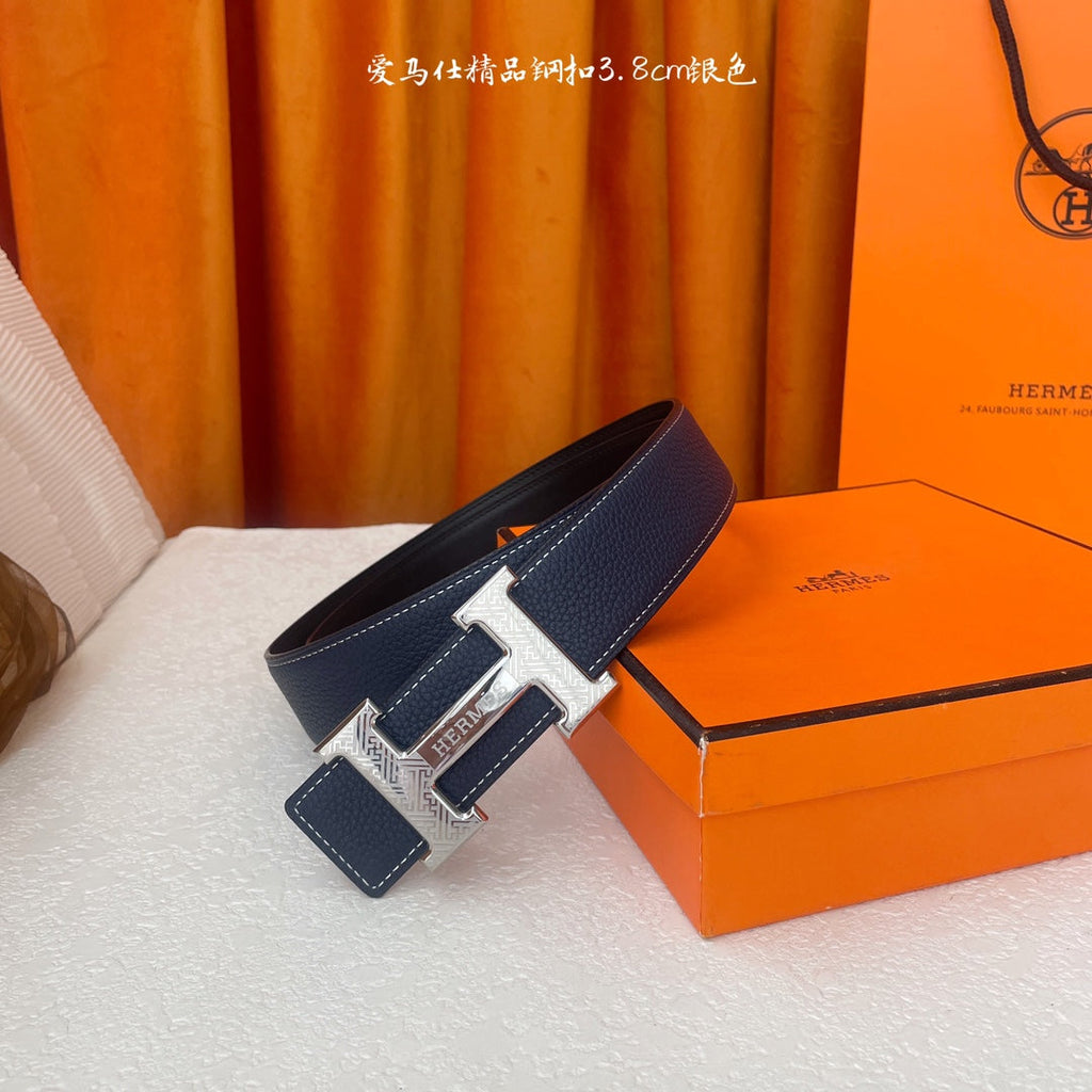 HM Silver Buckle H Belt 38mm Navy Blue Calfskin 187182