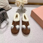 Miu Booties Dark Brown Suede Shearling-Lined with Fur Tassels 455927