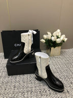ROUND-TOE SHORT BOOTS BLACK MIX WHITE SHEEPSKIN