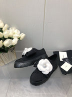 CC 26s Camellia Lug Sole Loafers Black White Cotton