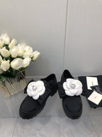 CC 26s Camellia Lug Sole Loafers Black White Cotton