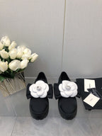 CC 26s Camellia Lug Sole Loafers Black White Cotton