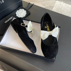 BALLET FLAT BLACK SUEDE LAMBSKIN WITH WHITE BOW