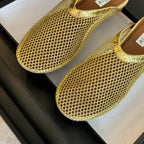 flat mule fishnet gold metalic lambskin