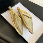 flat mule fishnet gold metalic lambskin