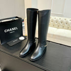 CC High Boots 30mm Plain Black Chain Cowhide
