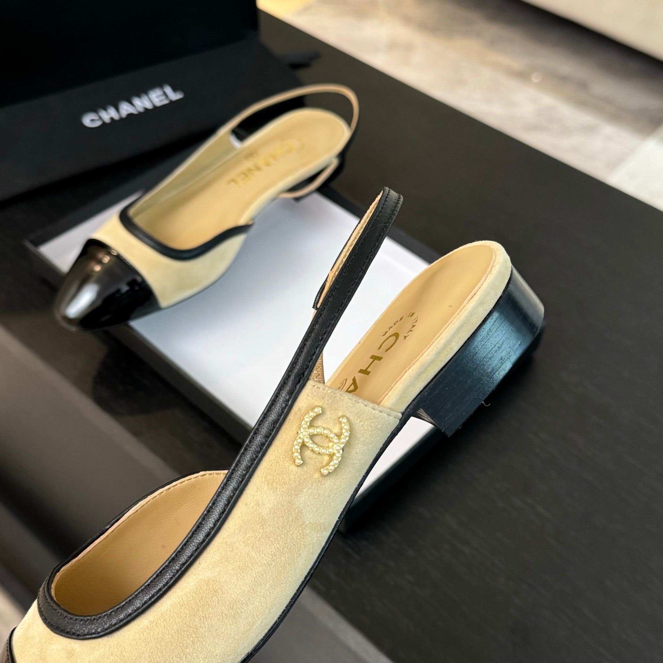 CC Slingback Black Beige Suede