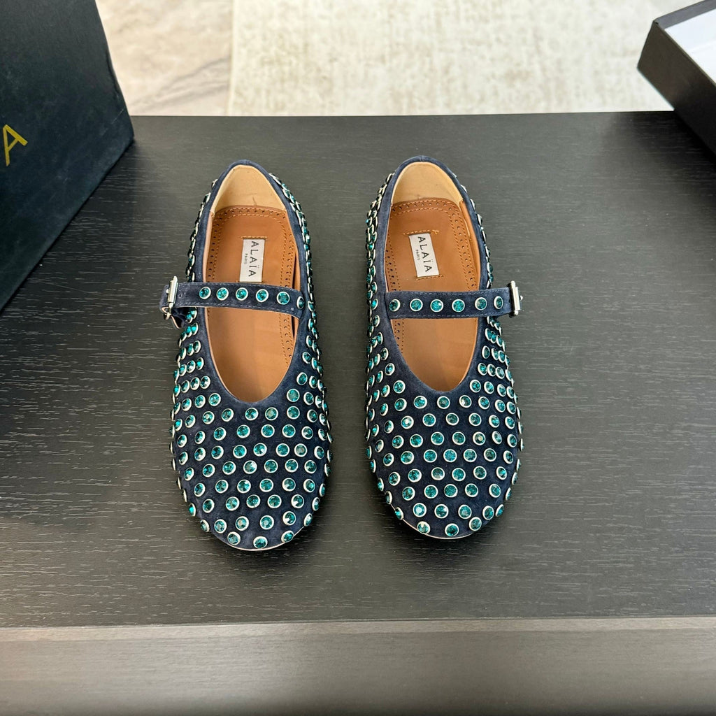 Alaia Strass Ballet Flats In Deep Blue Suede Stone 935185