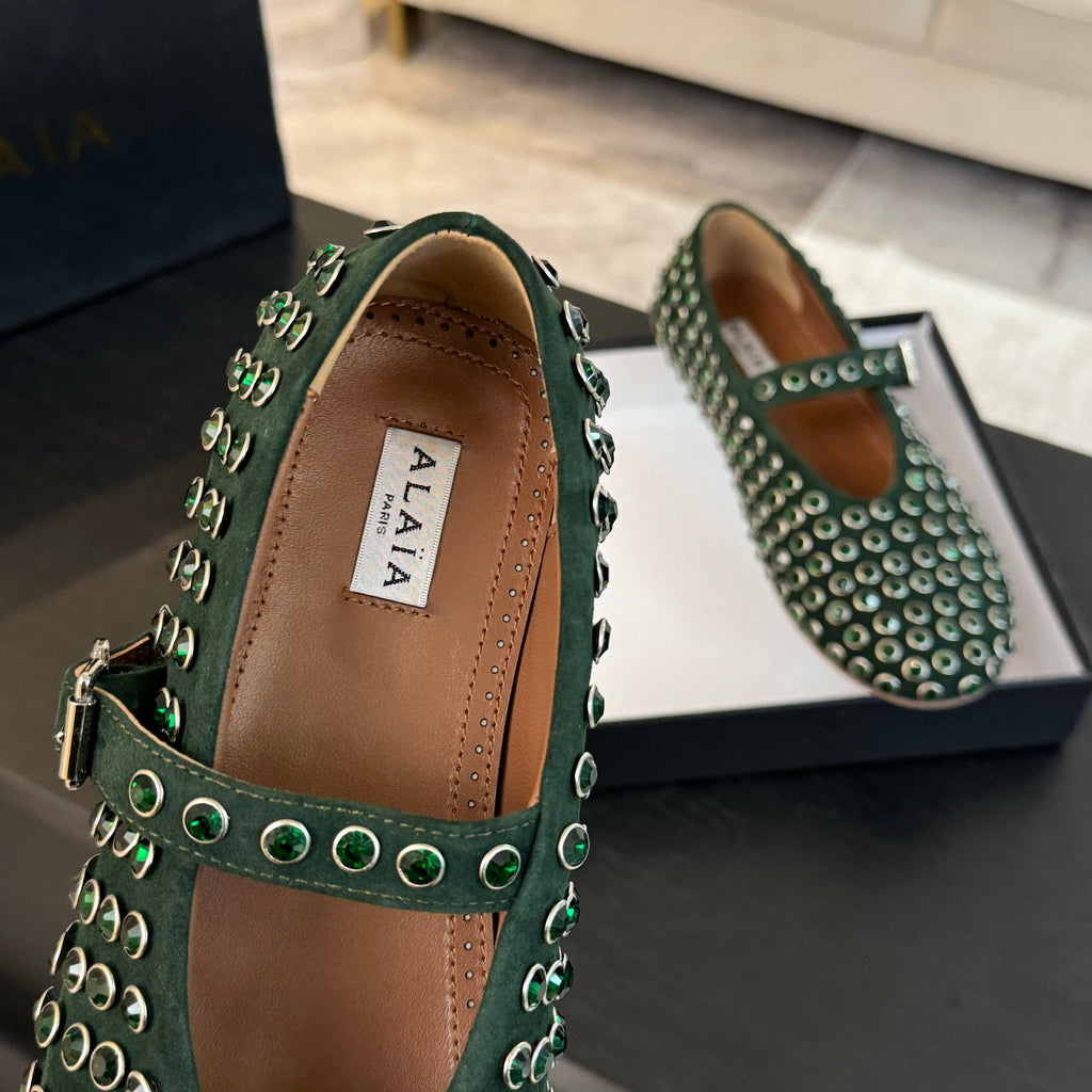 Alaia Strass Ballet Flats In Dark Green Suede Stone 935187