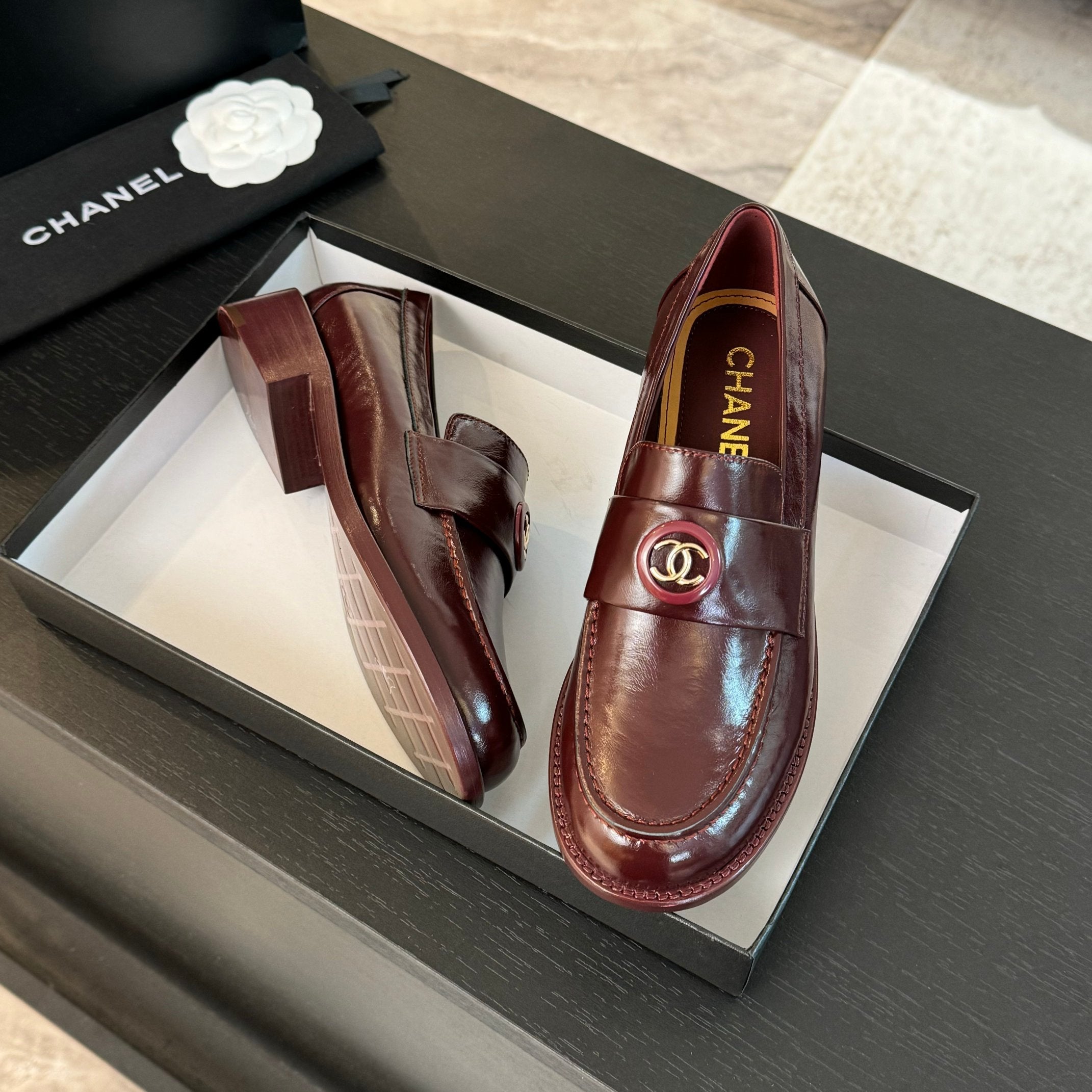 CC Moccasins Glossy Reddish Brown Cowhide