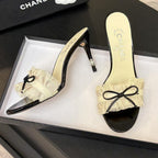 CC 25 Camellia Sandals Beige Black Silk Satin Lambskin 251720