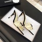 CC 25 Camellia Sandals Beige Black Silk Satin Lambskin 251720