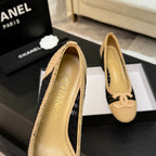 CC 25P Ballet Heel 50mm Black Beige Raffia Large Logo
