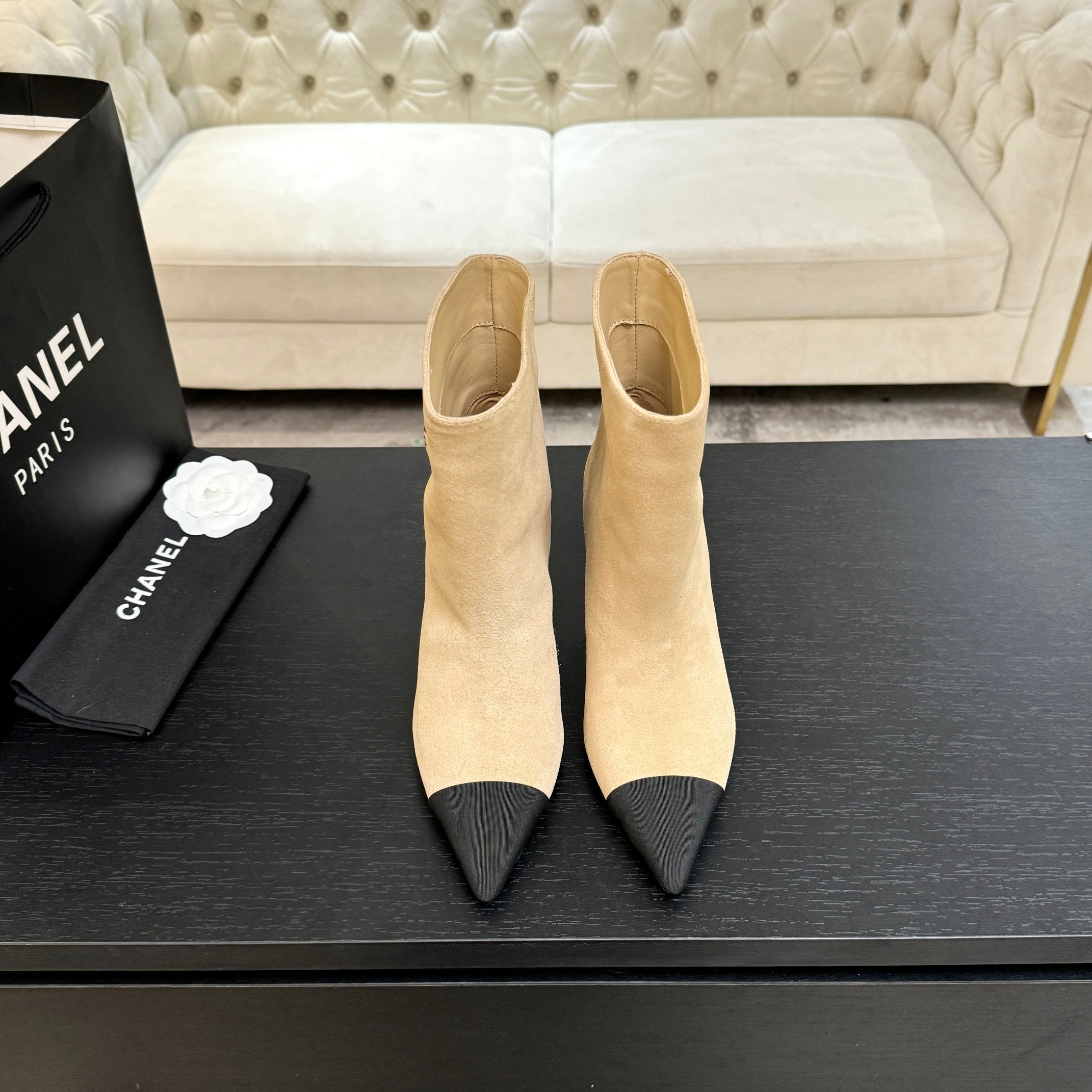 CC Gabrielle Chanel Ankle Boots 8.5cm Beige Suede Black Fabric