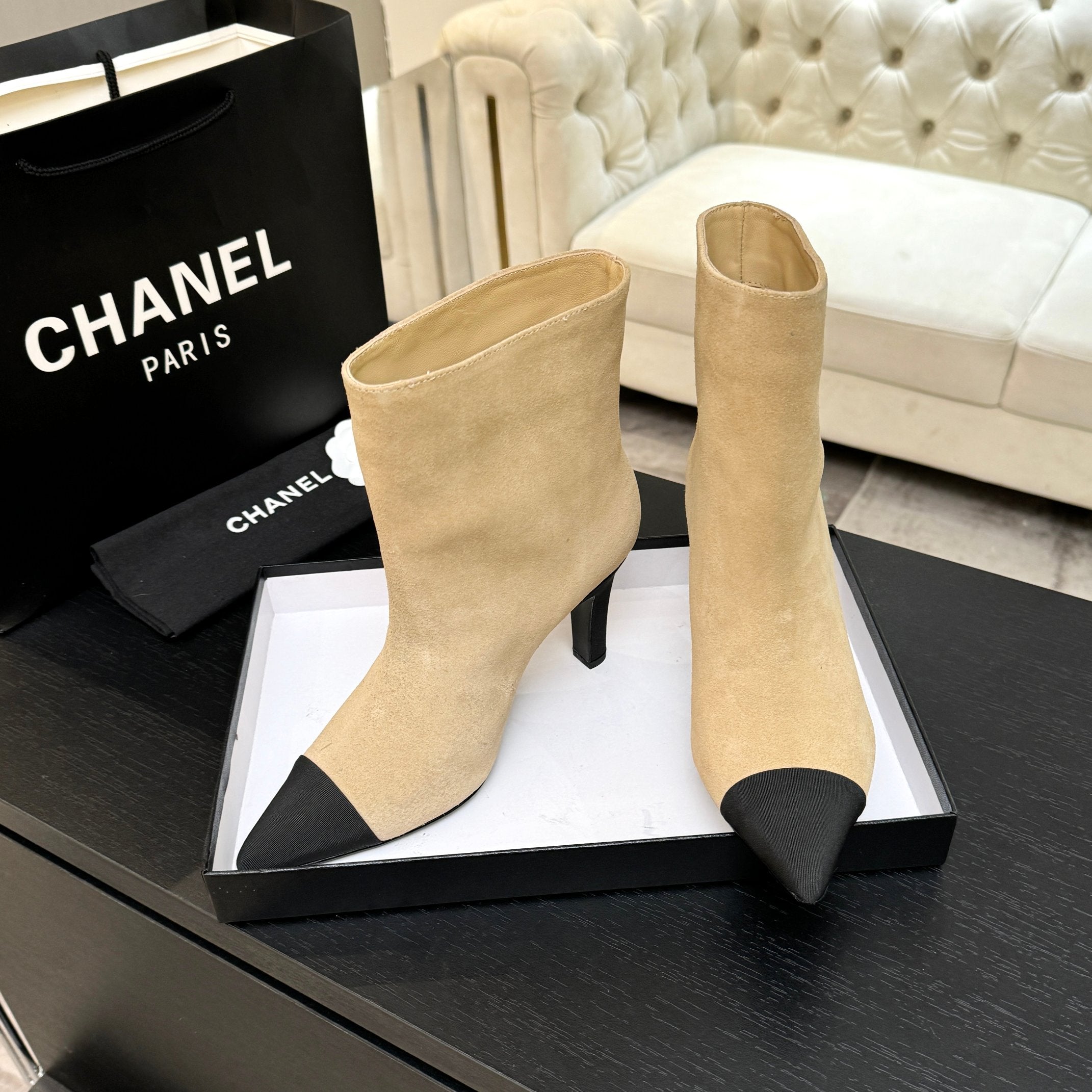 CC Gabrielle Chanel Ankle Boots 8.5cm Beige Suede Black Fabric