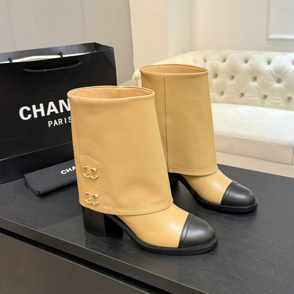 CC 26s Chunky Heel Tro r Ankle Boots Black Beige Sheepskin 673033